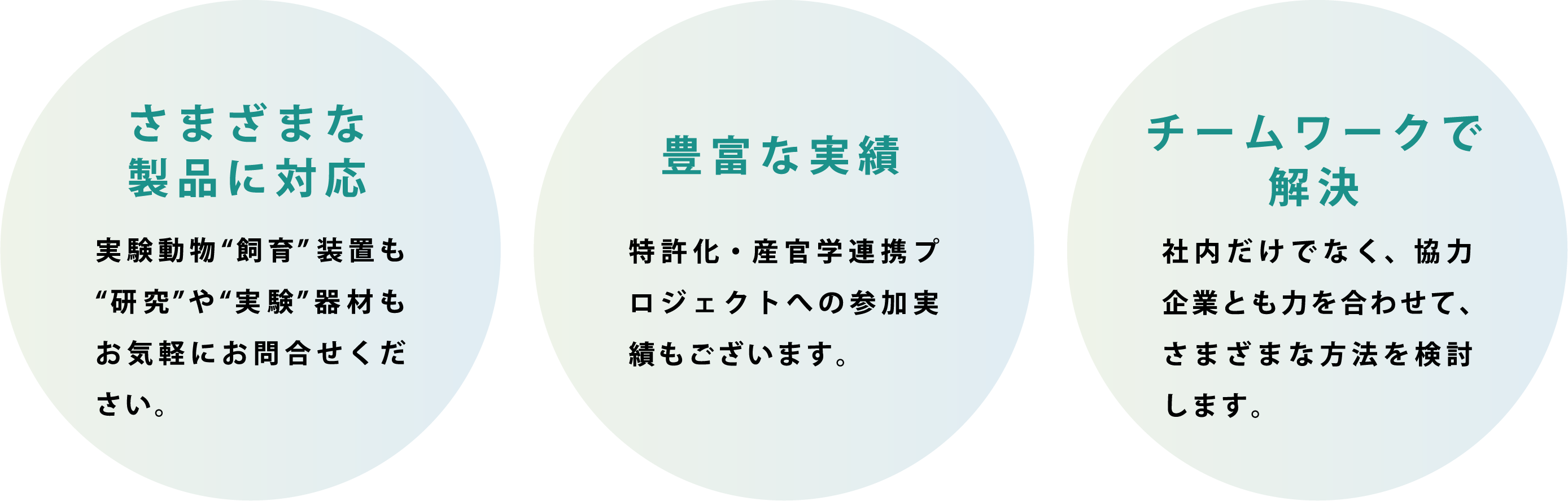 さまざまな製品に対応 実験動物“飼育”装置も“研究”や“実験”器材もお気軽にお問合せください。豊富な実績 特許化・産官学連携プロジェクトへの参加実績もございます。チームワークで解決 社内だけでなく、協力企業とも力を合わせて、さまざまな方法を検討します。