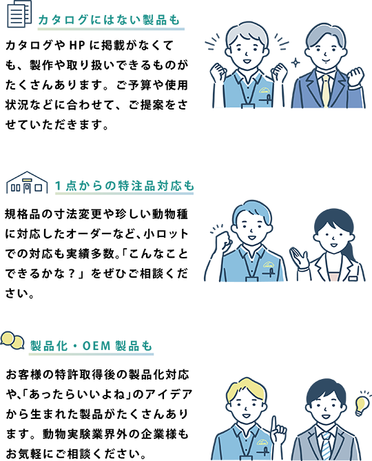 カタログにはない製品も カタログやHPに掲載がなくても、製作や取り扱いできるものがたくさんあります。ご予算や使用状況などに合わせて、ご提案をさせていただきます。１点からの特注品対応も、規格品の寸法変更や珍しい動物種に対応したオーダーなど、小ロットでの対応も実績多数。「こんなことできるかな？」をぜひご相談ください。製品化・OEM製品も-お客様の特許取得後の製品化対応や、「あったらいいよね」のアイデアから生まれた製品がたくさんあります。動物実験業界外の企業様もお気軽にご相談ください。